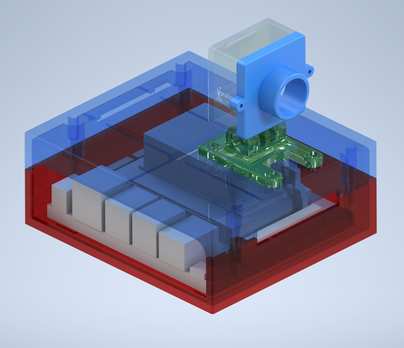 3D render of a two-part case around a circuit board, with a camera mounted on top