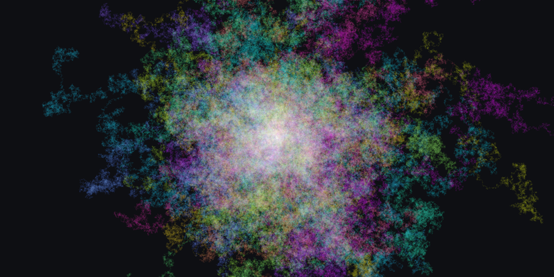Colored random-walk paths spreading out from the center on a dark background
