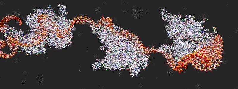 An RNA strand winding between and onto three nucleocapsid proteins