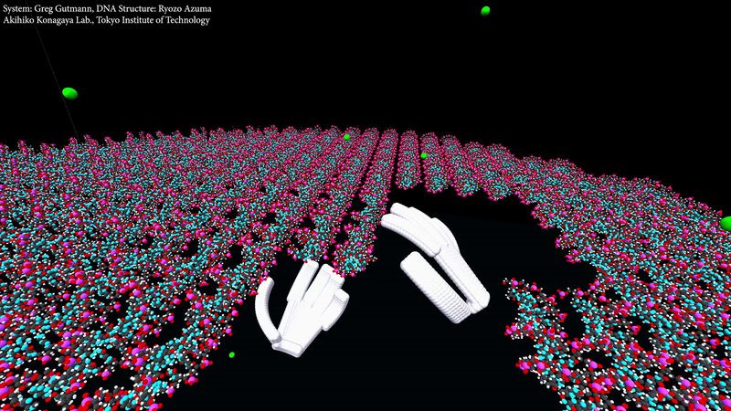 White VR hands pulling at a hole in a large atom-level DNA origami sheet